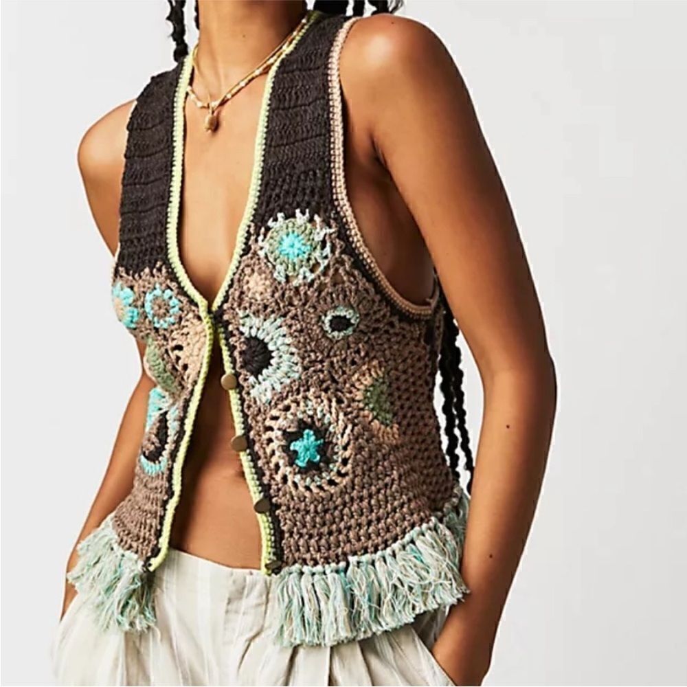 Free People Desert Rose Crochet Vest in Canyon Combo